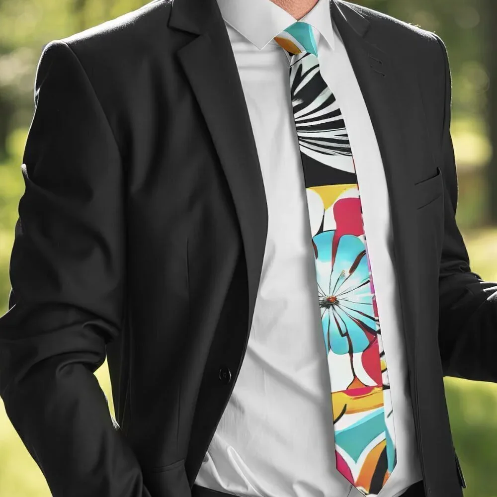 Floral Patchwork Tie Retro Designer Menswear Tie Necktie Mid Century Painting